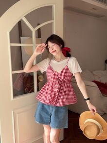 DAZY 2pcs Women's Plaid Casual Twist Ruffle Strap Shirt Set Fall/Winter Lounge Sets For Women Cute Tops - Red - View 3
