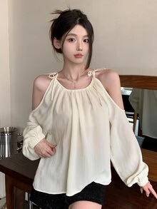 DAZY Solid Color Long Sleeve Open Shoulder Women's Loose Shirt With Tie-Up Straps Summer Going Out Tops - Apricot - View 3
