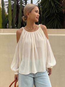 DAZY Solid Color Long Sleeve Open Shoulder Women's Loose Shirt With Tie-Up Straps Summer Going Out Tops - Apricot - View 9