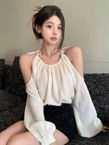 DAZY Solid Color Long Sleeve Open Shoulder Women's Loose Shirt With Tie-Up Straps Summer Going Out Tops - Apricot - View 1