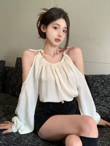 DAZY Solid Color Long Sleeve Open Shoulder Women's Loose Shirt With Tie-Up Straps Summer Going Out Tops - Apricot - View 7