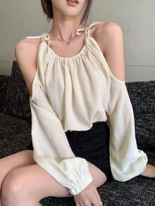 DAZY Solid Color Long Sleeve Open Shoulder Women's Loose Shirt With Tie-Up Straps Summer Going Out Tops - Apricot - View 5