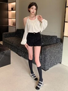 DAZY Solid Color Long Sleeve Open Shoulder Women's Loose Shirt With Tie-Up Straps Summer Going Out Tops - Apricot - View 4
