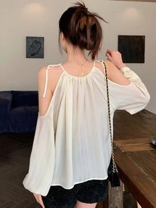 DAZY Solid Color Long Sleeve Open Shoulder Women's Loose Shirt With Tie-Up Straps Summer Going Out Tops - Apricot - View 2