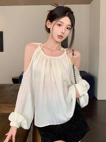 DAZY Solid Color Long Sleeve Open Shoulder Women's Loose Shirt With Tie-Up Straps Summer Going Out Tops - Apricot - View 6