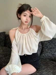 DAZY Solid Color Long Sleeve Open Shoulder Women's Loose Shirt With Tie-Up Straps Summer Going Out Tops - Apricot - View 8