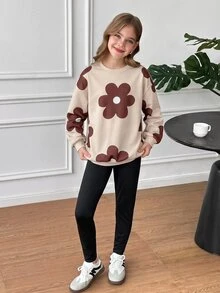 SHEIN 青少年女孩休閒圓領長袖衛衣套裝 - 棕色 - 查看 5