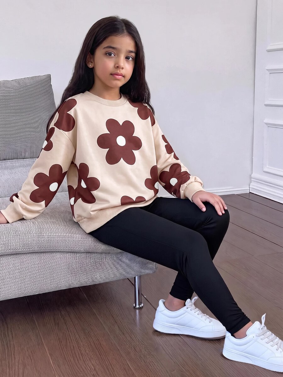 SHEIN 青少年女孩休閒圓領長袖衛衣套裝 - 棕色 - 查看 1