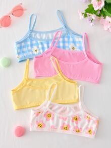 4件組女嬰幼兒無袖背心內衣，白色新娘婚禮周歲花卉格紋針織內褲，嬰兒粉色 - 彩色 - 查看 3