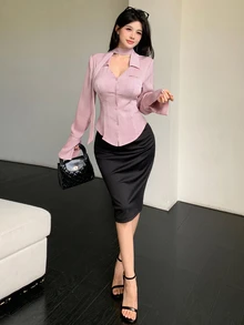 Celisse 女款淺粉色緞面翻領V領綁腰開衩襯衫，適合早午餐與辦公室，秋季浪漫優雅風 - 粉色 - 查看 8
