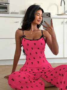 ZzzCrew 2pcs Contrast Trim Camisole & Shorts Pajama Set, Cherry Print Knit Sleepwear For Women - Multicolor - View 5