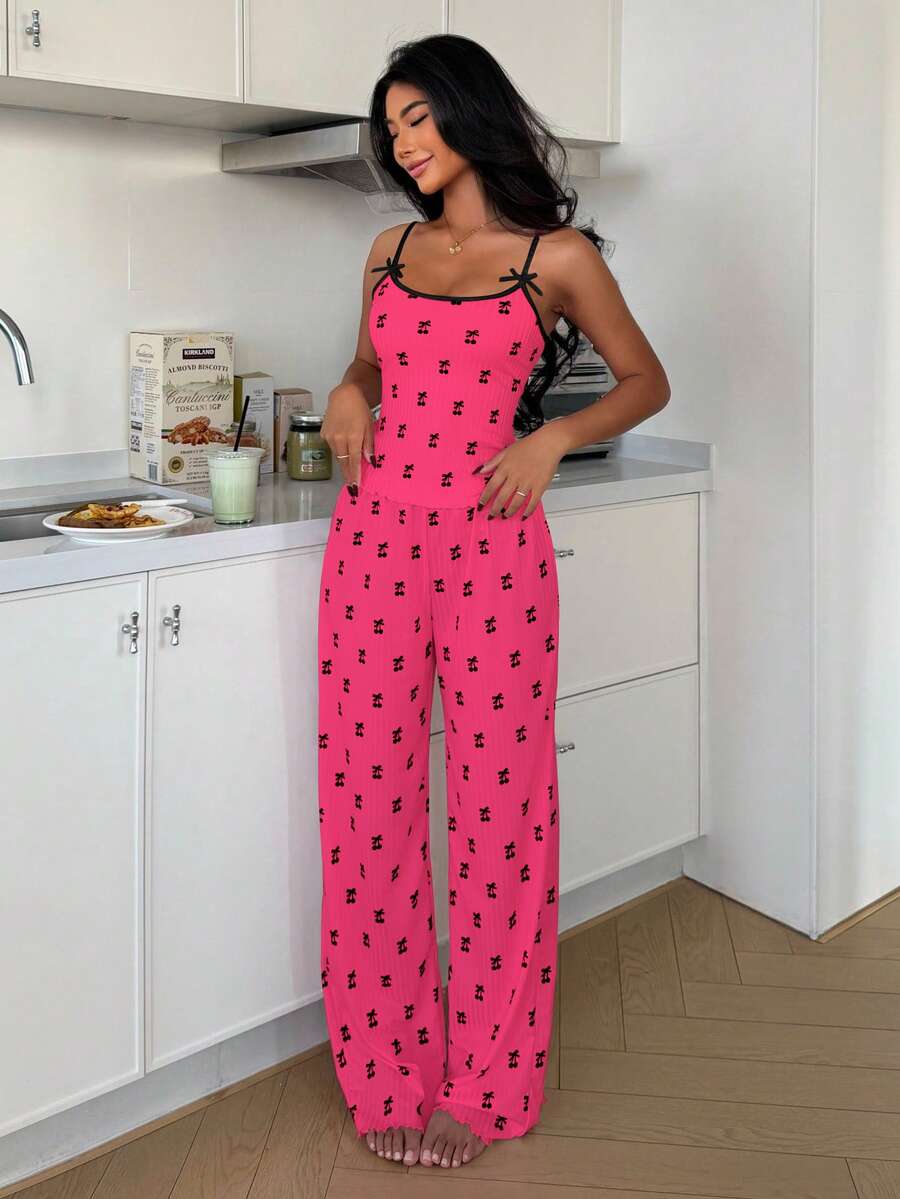 ZzzCrew 2pcs Contrast Trim Camisole & Shorts Pajama Set, Cherry Print Knit Sleepwear For Women - Multicolor - View 1
