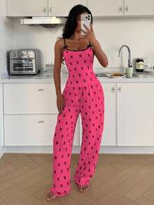 ZzzCrew 2pcs Contrast Trim Camisole & Shorts Pajama Set, Cherry Print Knit Sleepwear For Women - Multicolor - View 4