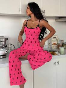 ZzzCrew 2pcs Contrast Trim Camisole & Shorts Pajama Set, Cherry Print Knit Sleepwear For Women - Multicolor - View 3