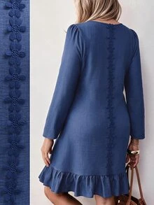 Weeklong Plus Size Women's Autumn/Winter Casual Daily Dress With 3D Floral Back Decoration And Ruffle Hem Fall - Blue - View 3