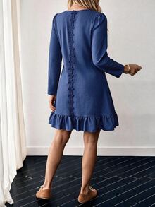Weeklong Plus Size Women's Autumn/Winter Casual Daily Dress With 3D Floral Back Decoration And Ruffle Hem Fall - Blue - View 6