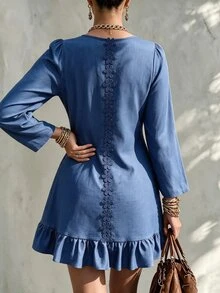 Weeklong Plus Size Women's Autumn/Winter Casual Daily Dress With 3D Floral Back Decoration And Ruffle Hem Fall - Blue - View 1