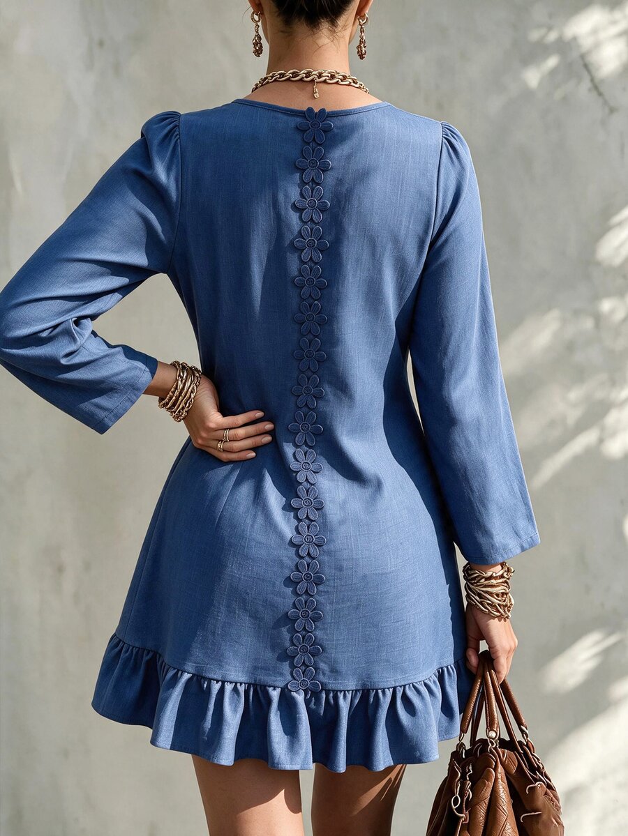 Weeklong Plus Size Women's Autumn/Winter Casual Daily Dress With 3D Floral Back Decoration And Ruffle Hem Fall - Blue - View 1