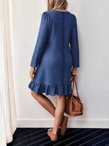 Weeklong Plus Size Women's Autumn/Winter Casual Daily Dress With 3D Floral Back Decoration And Ruffle Hem Fall - Blue - View 5