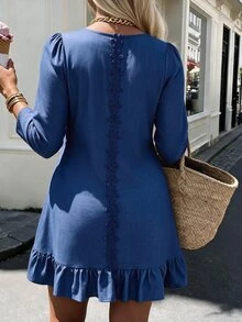 Weeklong Plus Size Women's Autumn/Winter Casual Daily Dress With 3D Floral Back Decoration And Ruffle Hem Fall - Blue - View 7