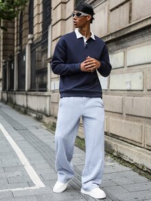 Major Grit 宽松男士撞色领 Polo 衫长袖 Polo 衫橄榄球衫 Polo 衫橄榄球长袖男士秋冬装 - 藏蓝色 - 查看 4