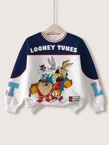 LOONEY TUNES X SHEIN بلوزة رياضية كاجوال بطبعة كرتونية بياقة طاقم وأكمام طويلة للأولاد المراهقين - أبيض - مشاهدة 1