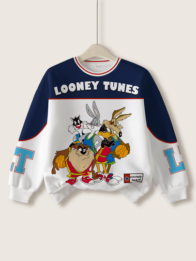 LOONEY TUNES X SHEIN 大童男孩卡通印花圓領長袖休閒運動衫