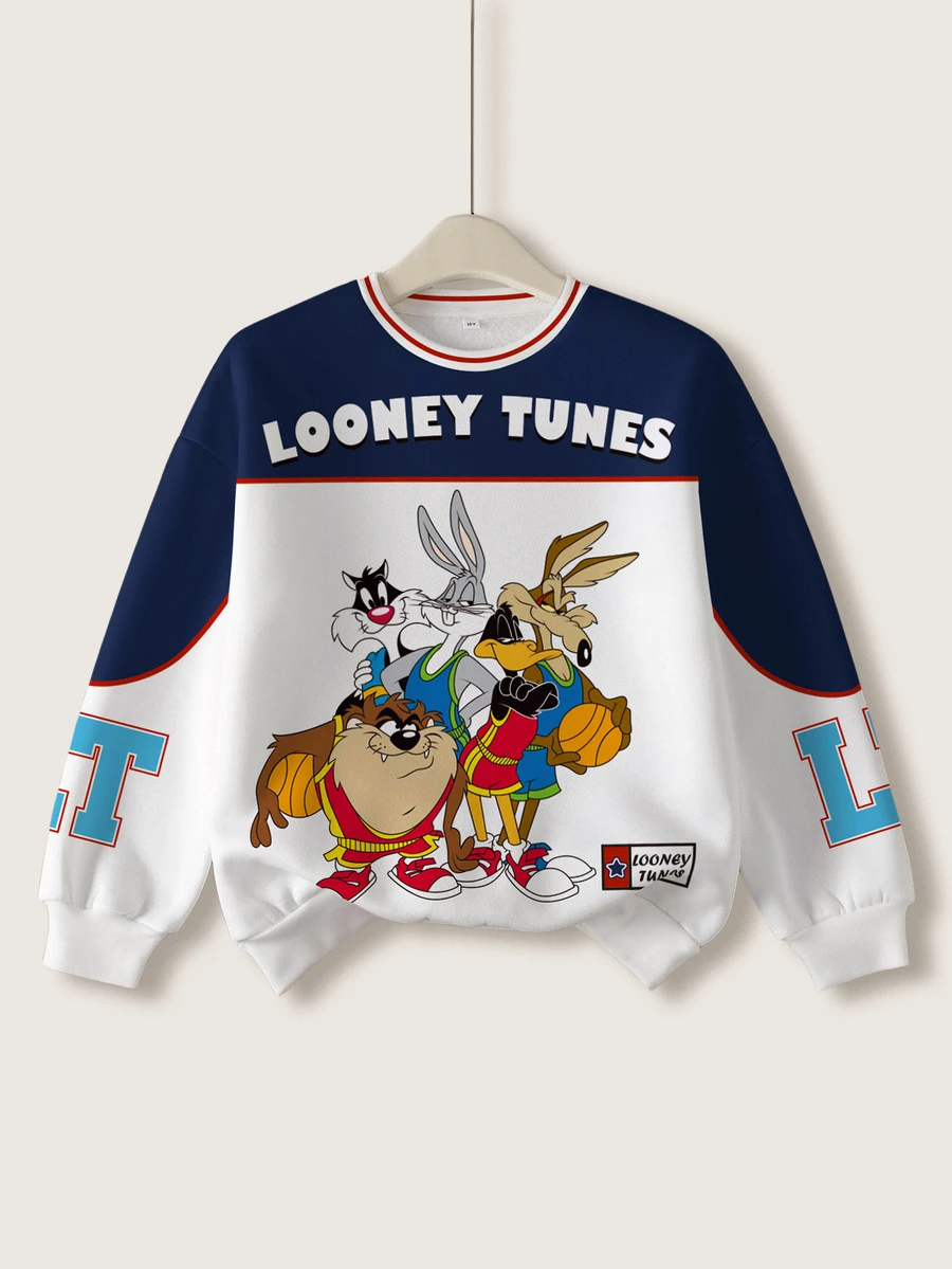 LOONEY TUNES X SHEIN بلوزة رياضية كاجوال بطبعة كرتونية بياقة طاقم وأكمام طويلة للأولاد المراهقين - أبيض - مشاهدة 1