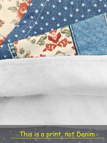 Selamara Floral Polka Dot Patchwork Zip-Up Hoodie Denim Jacket, Vintage Loose Coat - Royal Blue - View 4