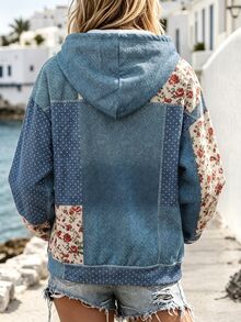Selamara Floral Polka Dot Patchwork Zip-Up Hoodie Denim Jacket, Vintage Loose Coat - Royal Blue - View 2