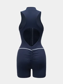 SHEIN Core Rhythm Casual Sexy Athleisure Navy Blue And White Colorblock Zipper Half-Placket Sports Romper Gym Workout Summer - Navy Blue - View 9