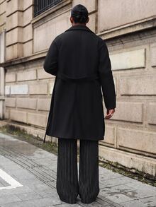 Major Grit Loose Fit Men's Long Sleeve Lapel Collar Dropping Shoulder Belted Overcoat, Plain Going Out Casual - Black - View 2
