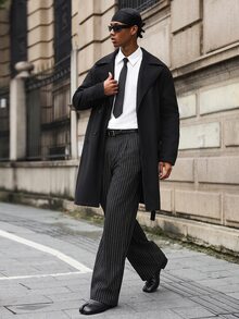 Major Grit Loose Fit Men's Long Sleeve Lapel Collar Dropping Shoulder Belted Overcoat, Plain Going Out Casual - Black - View 1
