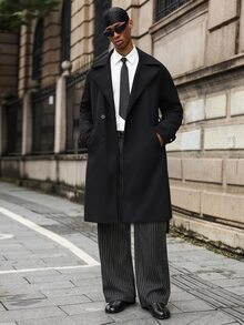 Major Grit Loose Fit Men's Long Sleeve Lapel Collar Dropping Shoulder Belted Overcoat, Plain Going Out Casual - Black - View 4