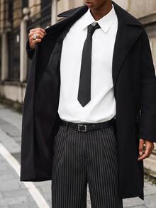 Major Grit Loose Fit Men's Long Sleeve Lapel Collar Dropping Shoulder Belted Overcoat, Plain Going Out Casual - Black - View 3
