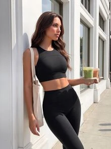 Gameset SHEIN Sport Women's Solid Color Criss-Cross Back Daily Fitness Athleisure Athletic Workout Tank Top Gym Workout Black Autumn - Black - View 3