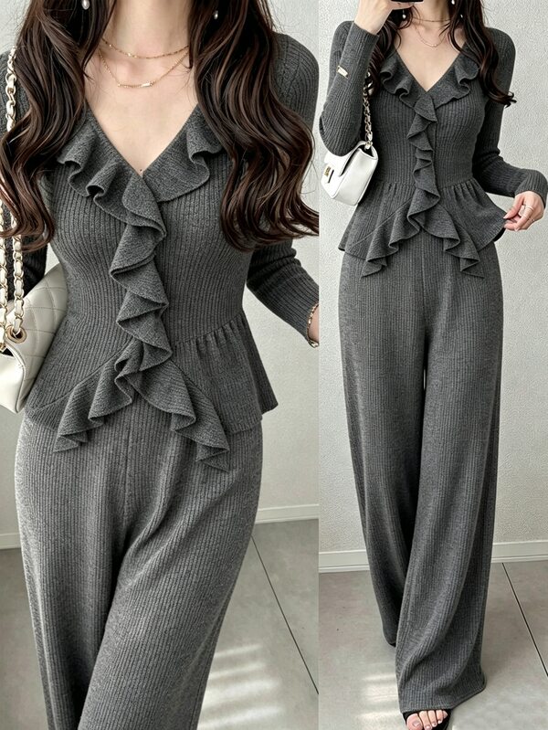 FRIFUL Ensemble de détente pour femme avec t-shirt à volants et pantalon large, gris foncé, automne, style français romantique, élégant et décontracté, pour bureau, tea party et brunch