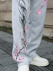 Major Grit Spring Casual Loose Drawstring Waist Sweatpants With Cherry Blossom Pattern Wide Leg - Multicolor - View 3