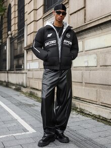 Major Grit 男士摩托车立领字母印花插肩袖休闲冬季外套，赛车运动外套，秋季 - 黑色 - 查看 3