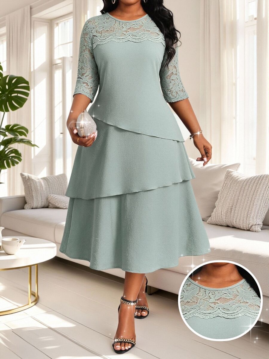 SHEIN Lady Plus Size Elegant Party Cocktail Formal Solid Color Lace Patchwork Dress Wedding Sage Green Summer - Green - View 1