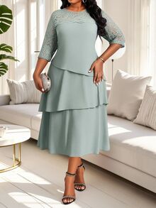 SHEIN Lady Plus Size Elegant Party Cocktail Formal Solid Color Lace Patchwork Dress Wedding Sage Green Summer - Green - View 4