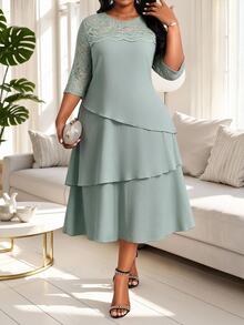 SHEIN Lady Plus Size Elegant Party Cocktail Formal Solid Color Lace Patchwork Dress Wedding Sage Green Summer - Green - View 3