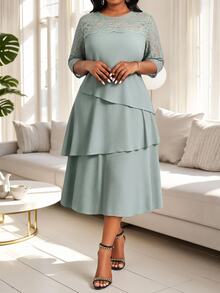 SHEIN Lady Plus Size Elegant Party Cocktail Formal Solid Color Lace Patchwork Dress Wedding Sage Green Summer - Green - View 6