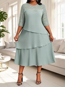 SHEIN Lady Plus Size Elegant Party Cocktail Formal Solid Color Lace Patchwork Dress Wedding Sage Green Summer - Green - View 5