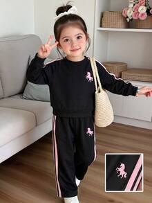 Casuvi Kids Girls Spring/Autumn Long Sleeve Long Pants Sports Bow Ribbon Knit Sweatshirt 2 Pieces Set - Multicolor - View 3