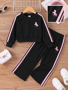 Casuvi Kids Girls Spring/Autumn Long Sleeve Long Pants Sports Bow Ribbon Knit Sweatshirt 2 Pieces Set - Multicolor - View 5