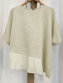 Linhara Spring/Summer Fashion Casual Resort Wear Simple Plus Size Crew Neck Solid Color Women's Shirt Plus Size Women's Beach Top - Apricot - View 2