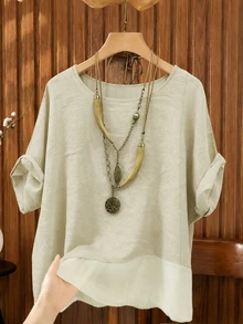 Linhara Spring/Summer Fashion Casual Resort Wear Simple Plus Size Crew Neck Solid Color Women's Shirt Plus Size Women's Beach Top - Apricot - View 3