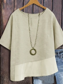 Linhara Spring/Summer Fashion Casual Resort Wear Simple Plus Size Crew Neck Solid Color Women's Shirt Plus Size Women's Beach Top - Apricot - View 4