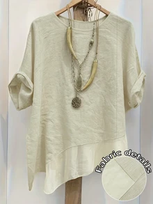 Linhara Spring/Summer Fashion Casual Resort Wear Simple Plus Size Crew Neck Solid Color Women's Shirt Plus Size Women's Beach Top - Apricot - View 1